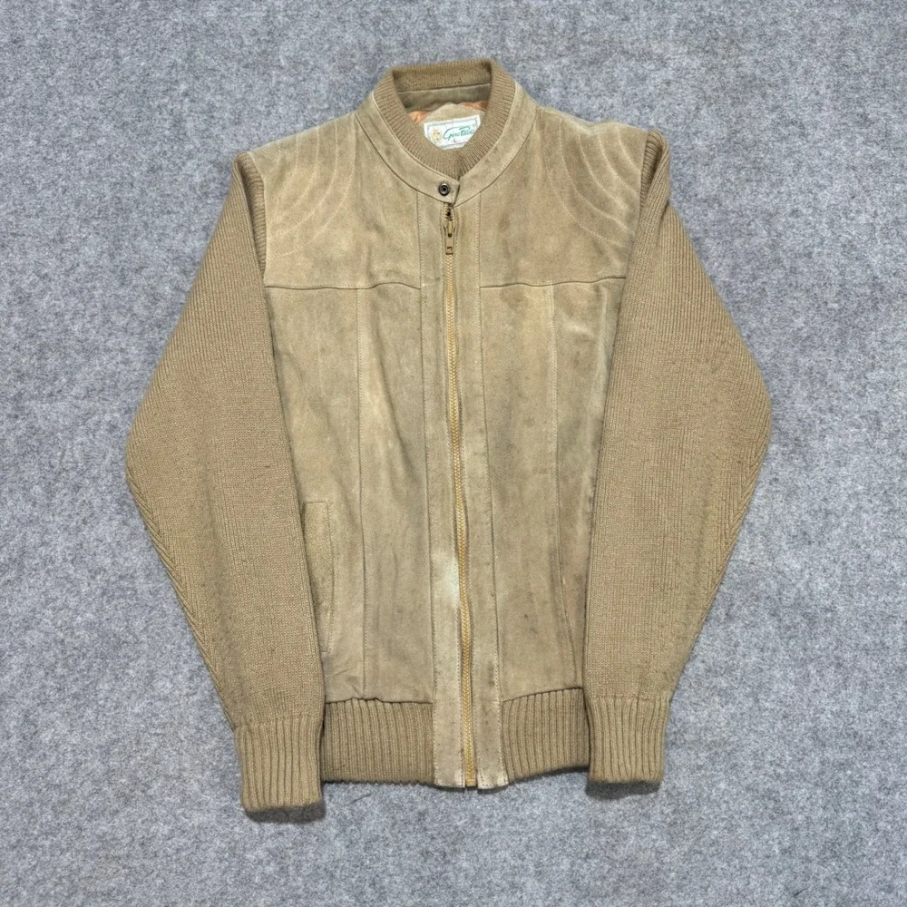 Vintage Gino Paoli Tan Suede Knit Bomber Jacket Mens Large Full Zip Mixed Media